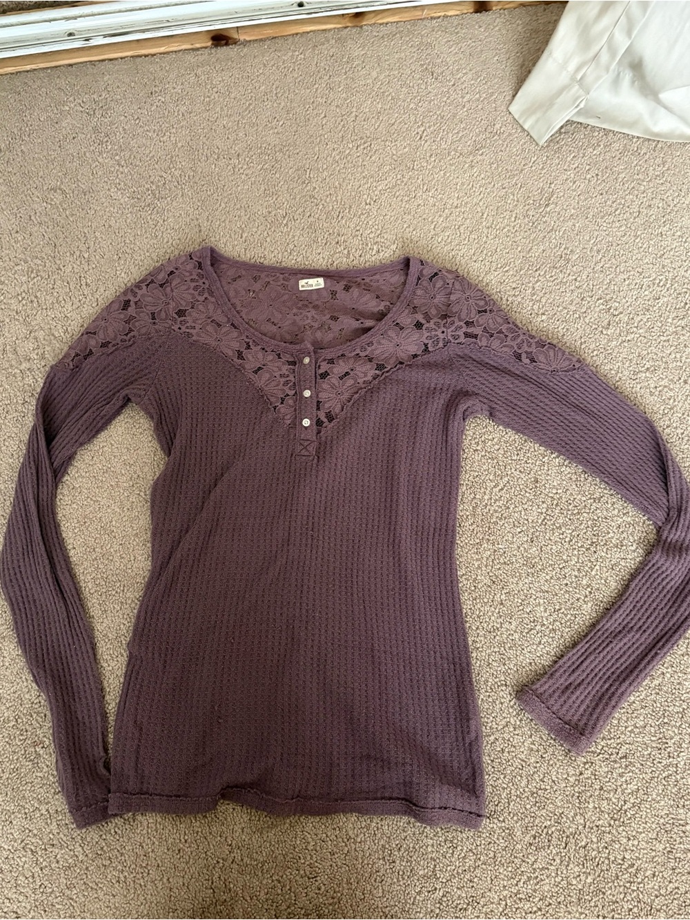 Hollister Purple Lace-Yoke Waffle Knit Long Sleeve Top